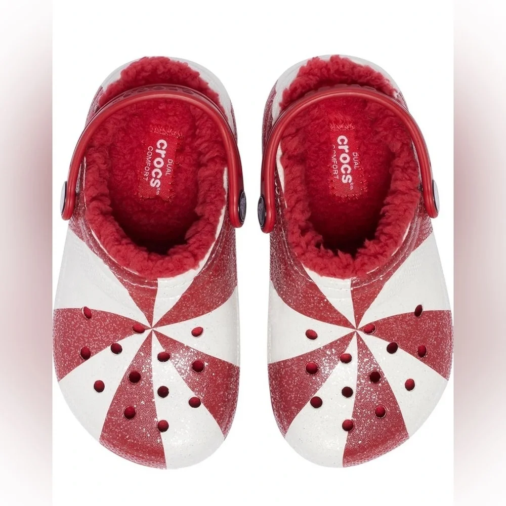 CROCS Kids Red and White Peppermint-Pattern Fleece-Lined Clog